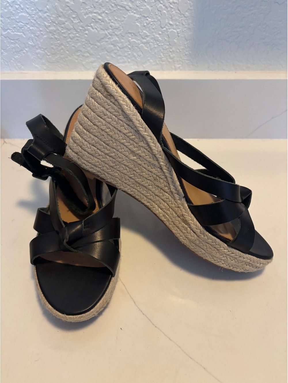 Soludos Charlotte Black Leather Wedge Espadrille Sandal
